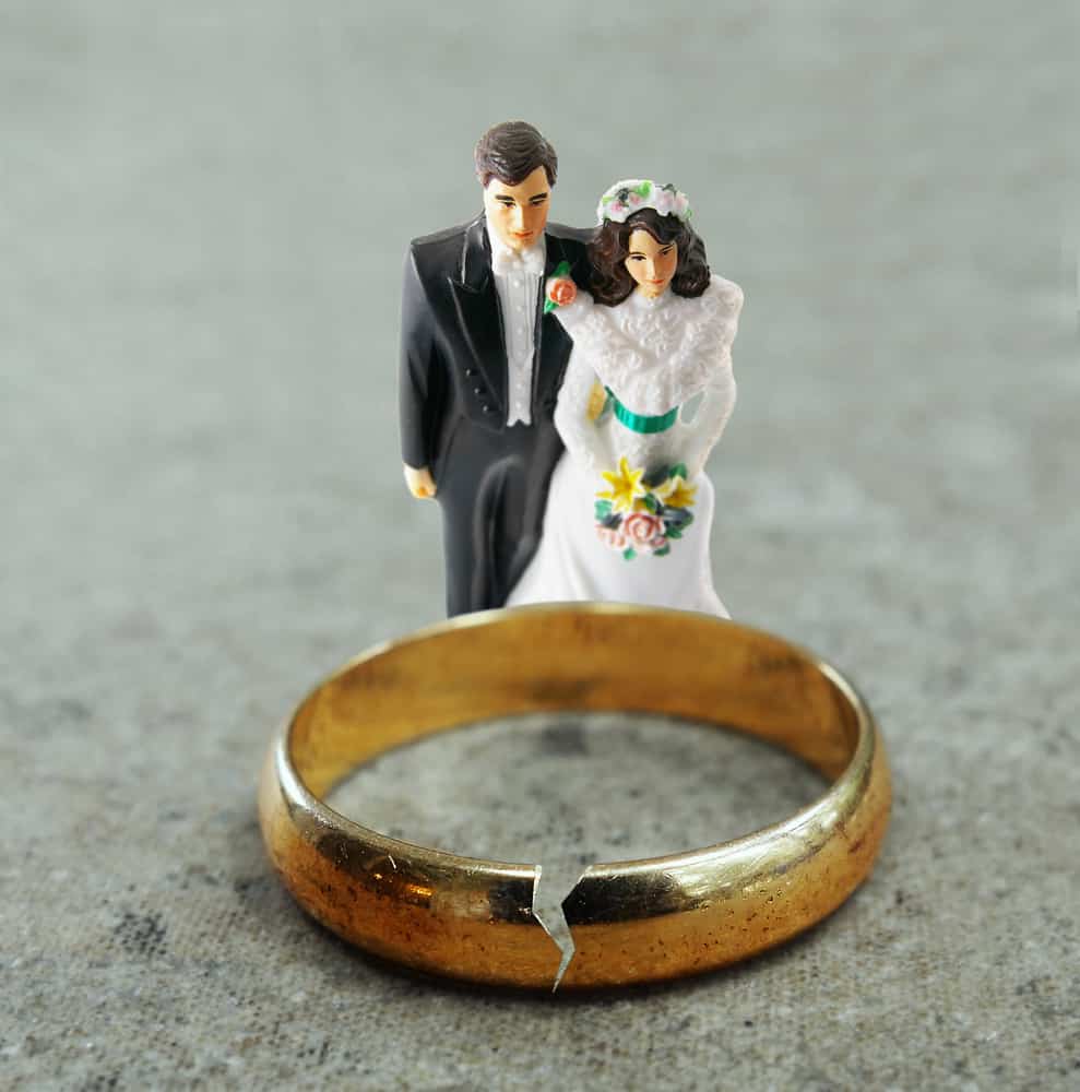 Miniatur-Paar mit zerbrochener Ehering und Hochzeitsfigur, Symbol für Ehe- und Partnerschaftsanalysen.